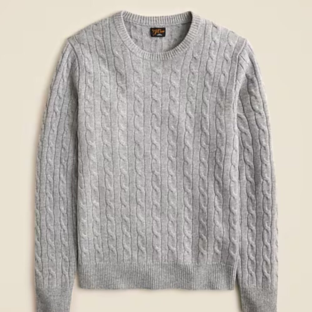 J Crew 100% Cable Knit Cashmere Crewneck Sweater in Heather Gray